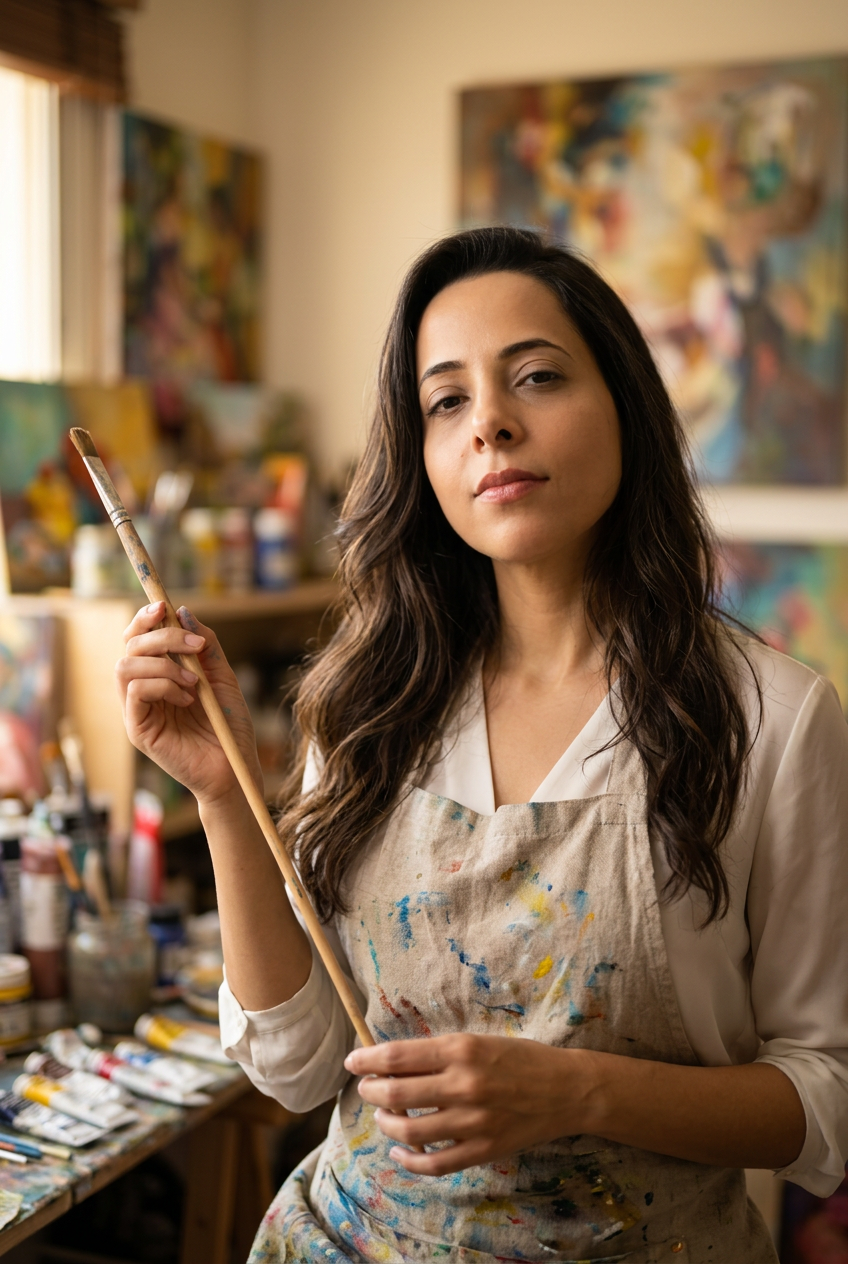 Portrait of the Canvas & Colors art instructor holding a paintbrush in a bright studio