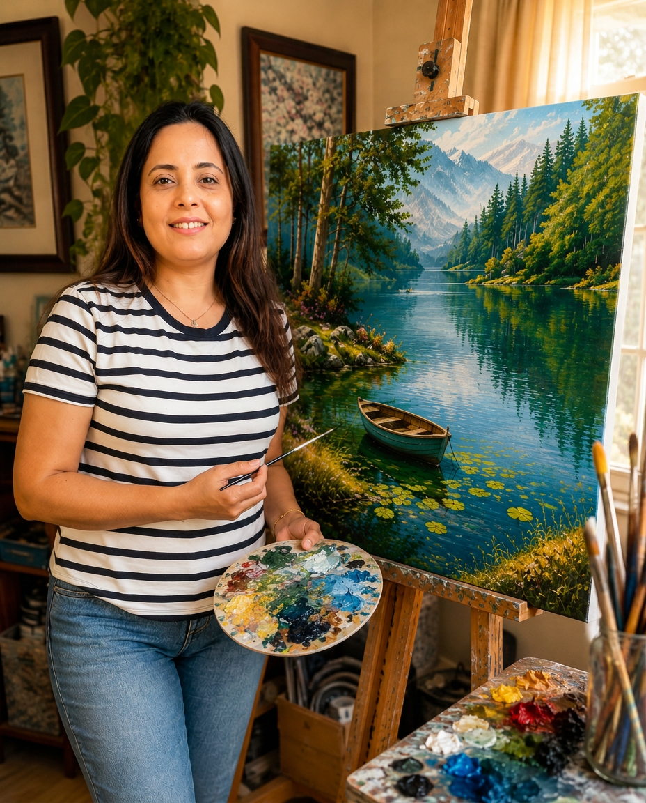 Amruta Shukla standing in her art studio next to a landscape painting on an easel, holding a paintbrush and palette